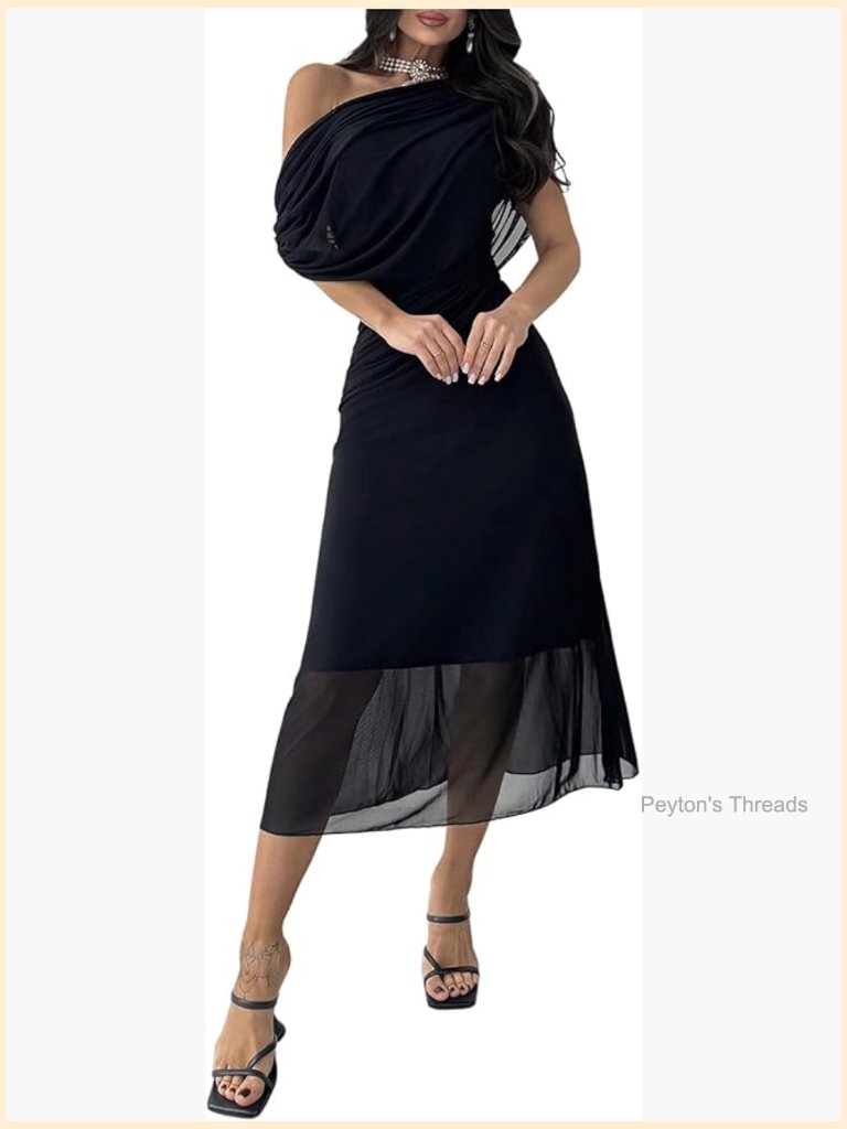 Mesh Off The Shoulder Midi Dress Formal Prom Guest Ruched Sleeveless Slit Long